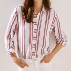 LOFT LN Everyday White, Burgundy, Pink Striped Roll-tab Long Sleeve Shirt Size M
